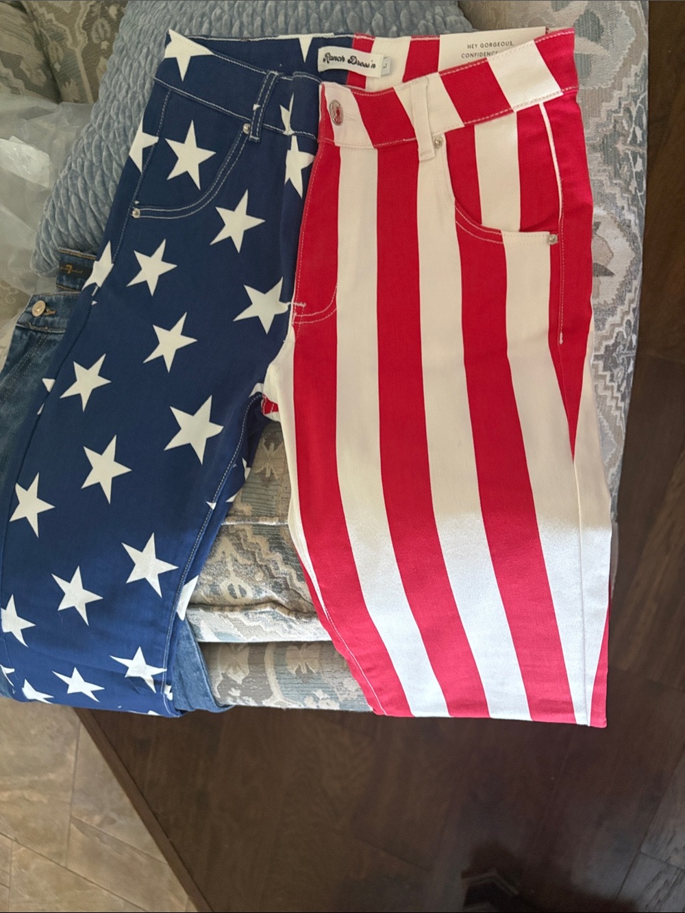 Patriotic Star Print Bootcut Jeans with Red Trim
